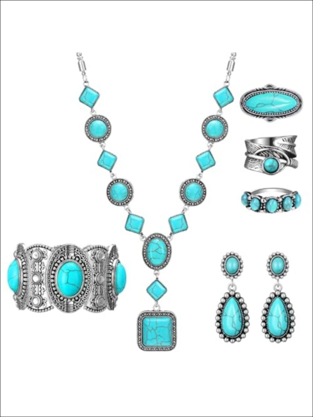 Turquoise Jewelry Set: Bracelet, Earrings, Necklace & 3 Rings